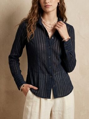 XS Club Monaco 100% Cotton Navy Semi-Sheer Stripe Long-Sleeve Button-Down Shirt